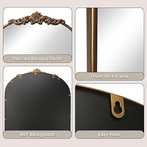 Miniatura 6 de Espejo dorado vintage barroco adornado, espejo arqueado de latón antiguo de 24 x 36 pulgadas con marco de metal completo, perfecto para entrada,