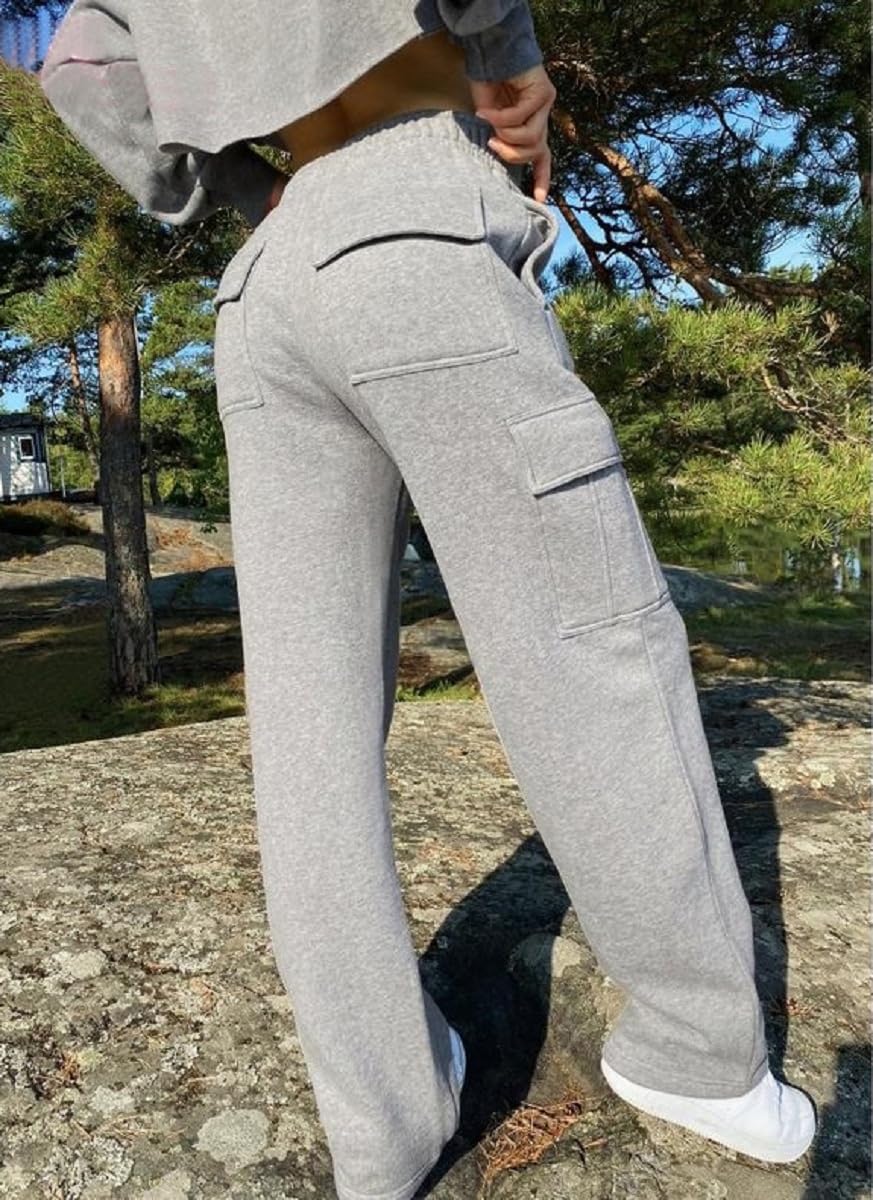 HOPYOP Pantalones deportivos para mujer, de pierna ancha, para otoño e invierno, holgados, cruzados, con bolsillos