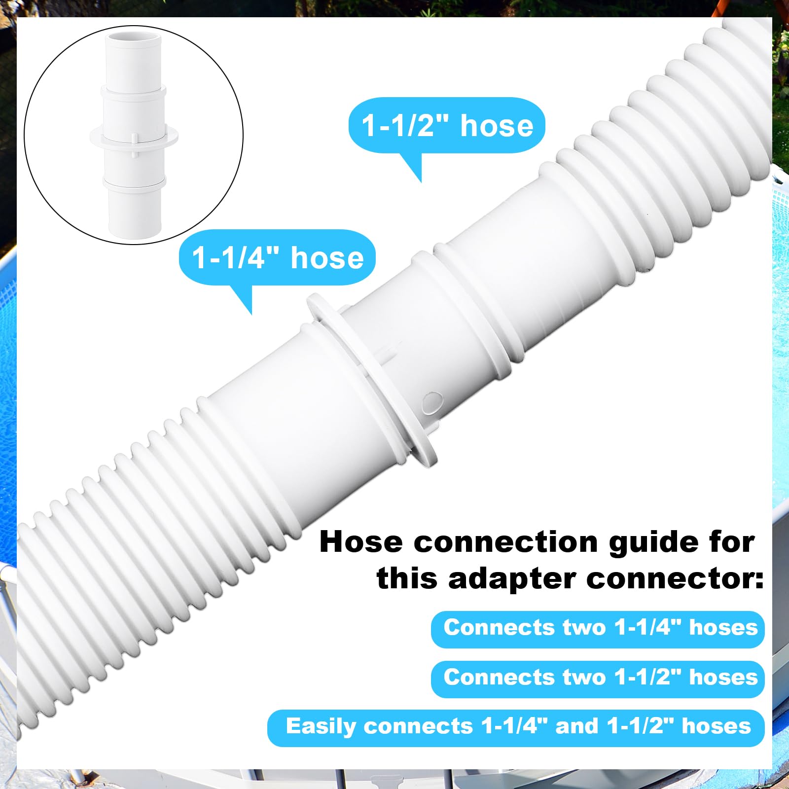 Nuanchu 4 Stück Poolschläuche für oberirdische Pools 3,8 x 149,9 cm und 3,2 x 149,9 cm mit 4 Stück 3,8 cm oder 3,8 cm Poolschlauch-Adapter, Ersatz-Filterpumpenschläuche, kompatibel mit universeller