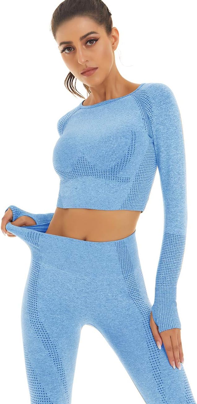Women Seamless Workout Outfits Athletic Set Leggings + Long Sleeve Top 2 Pieces - Image 3