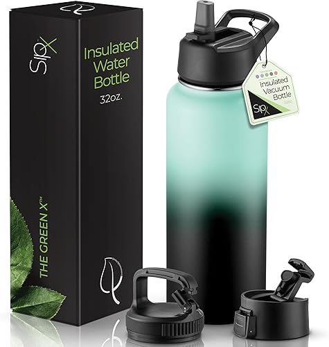 Miniatura 11 de SipX™ - Botella de agua de acero inoxidable de 40 onzas con triple aislamiento térmico, 3 tapas, reutilizable y sin bisfenol A, mantiene las bebidas