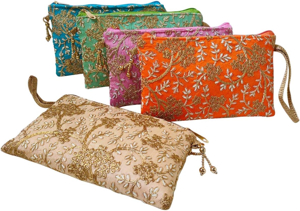 GoldGiftIdeasTraditional Vintage Embroidered Potli Purse for Women with Zipper, Potli Bags for Return Gifts, Pouches for Baby Shower Gifting (Set of 5)