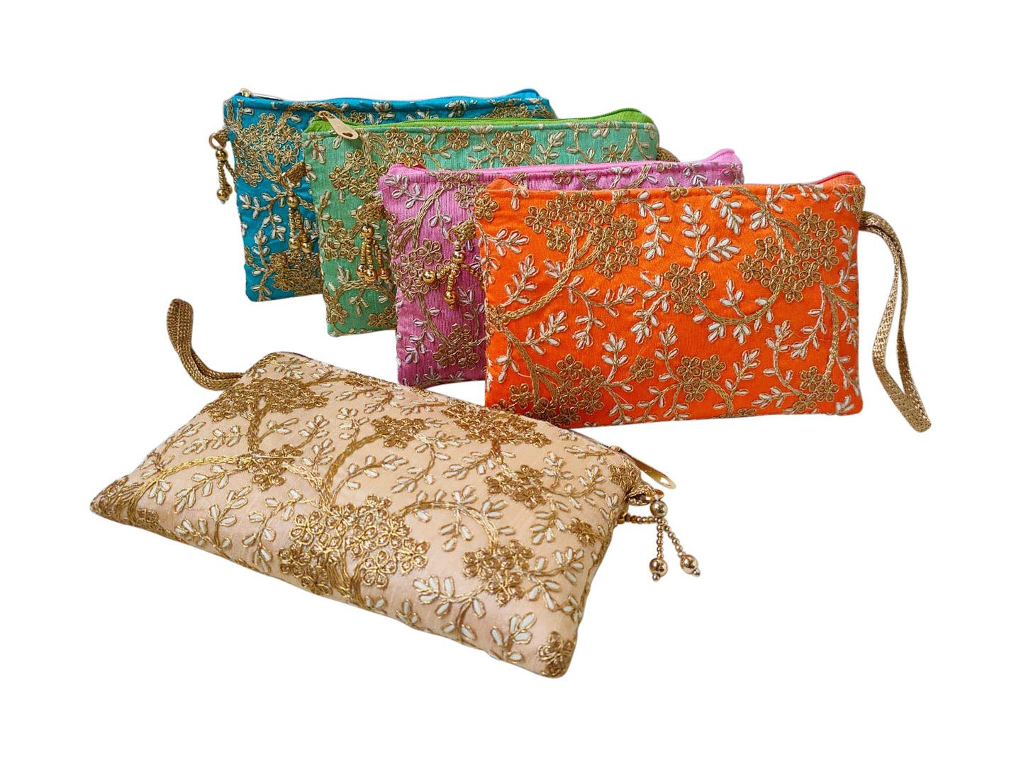 GoldGiftIdeas Traditional Vintage Embroidered Potli Purse for Women with Zipper, Potli Bags for Return Gifts, Pouches for Baby Shower Gifting (Set of 5)