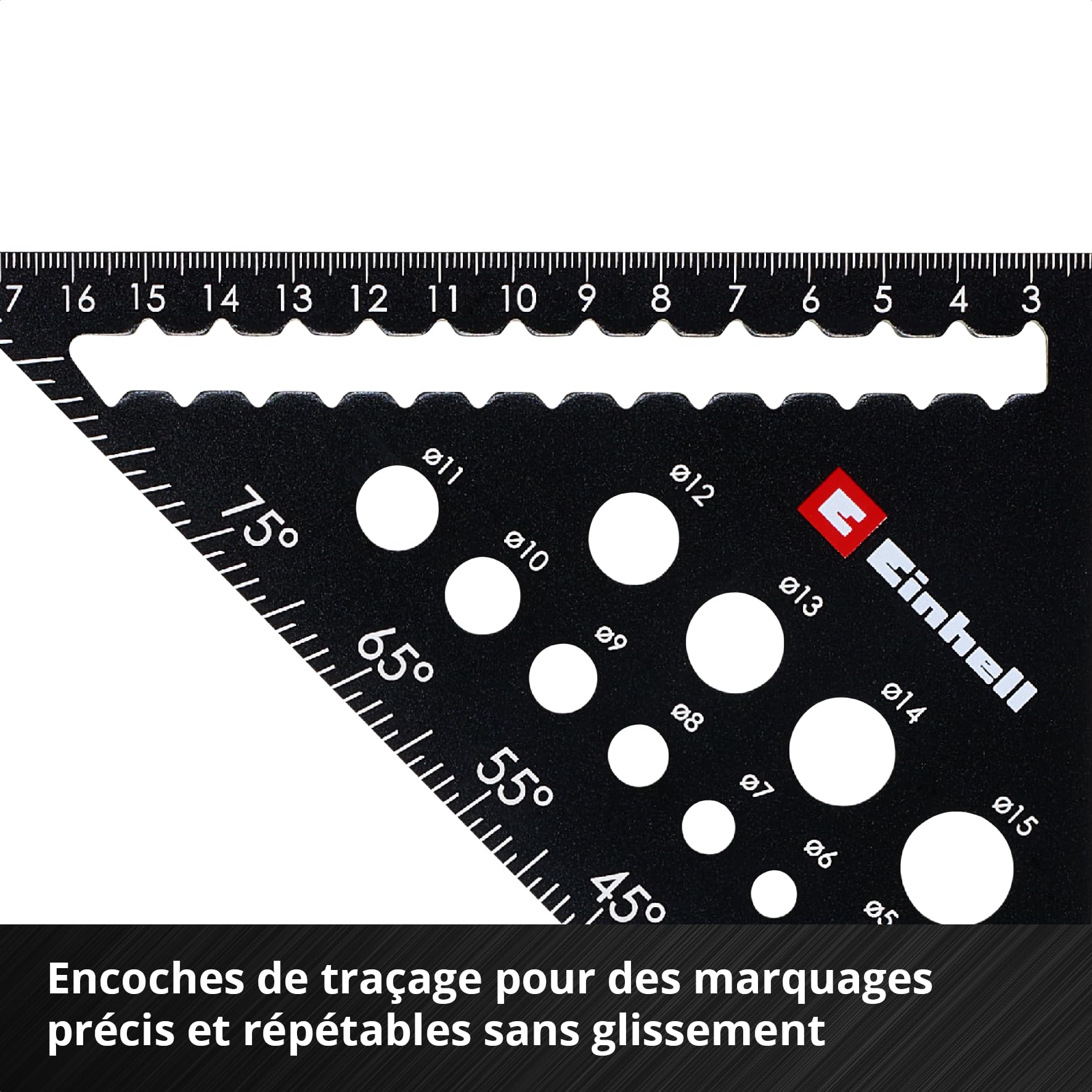 Einhell 2 pièces jeu d’équerres de charpentier, 185/300 mm | Graduations en mm et en degrés | ouvertures de traçage | gabarit de perçage | tableau de conversion pour chevrons | marqueur