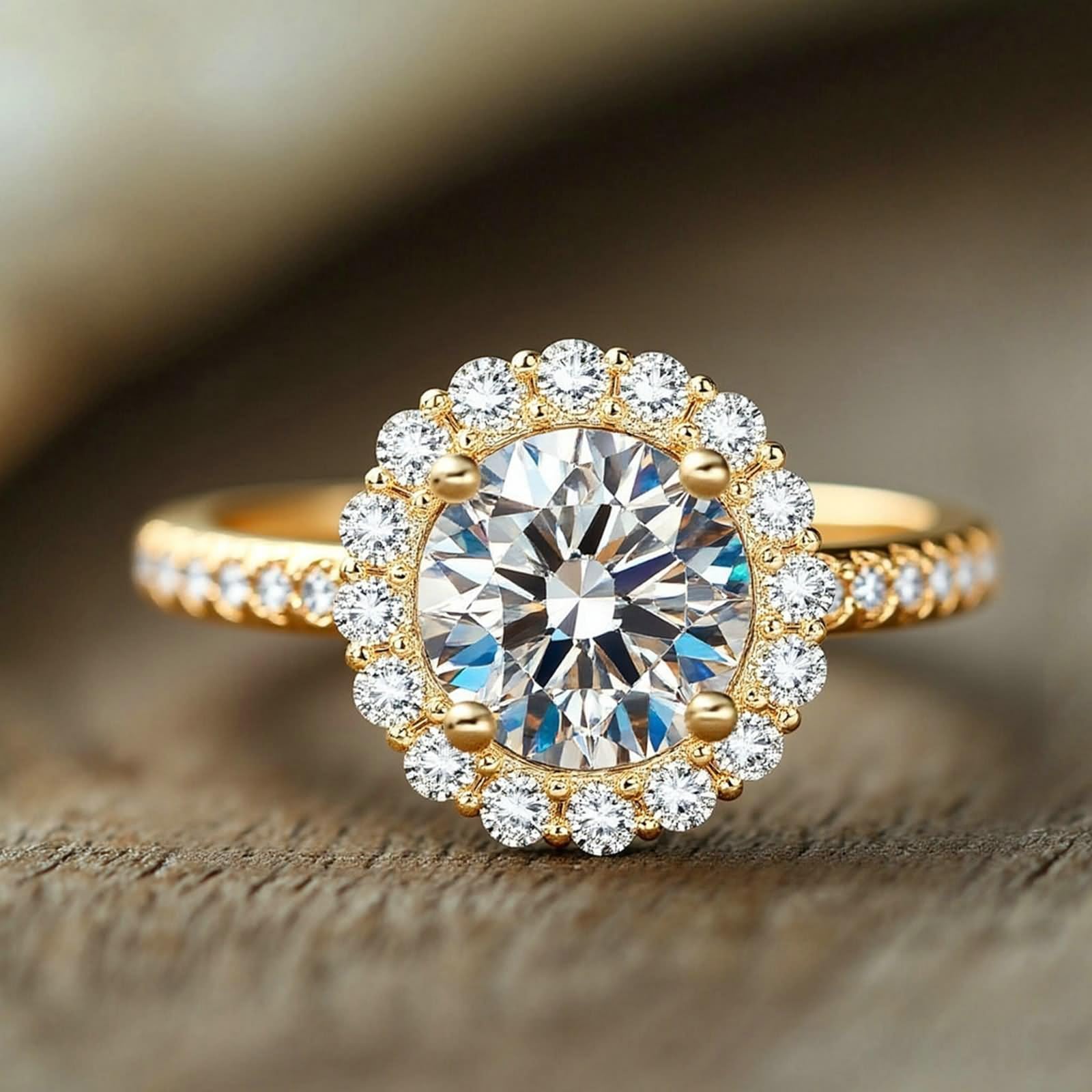 Fedi nuziali vintage Pinky Anello da donna girasole con moissanite in oro giallo 14 carati, misura 12 (16,6)