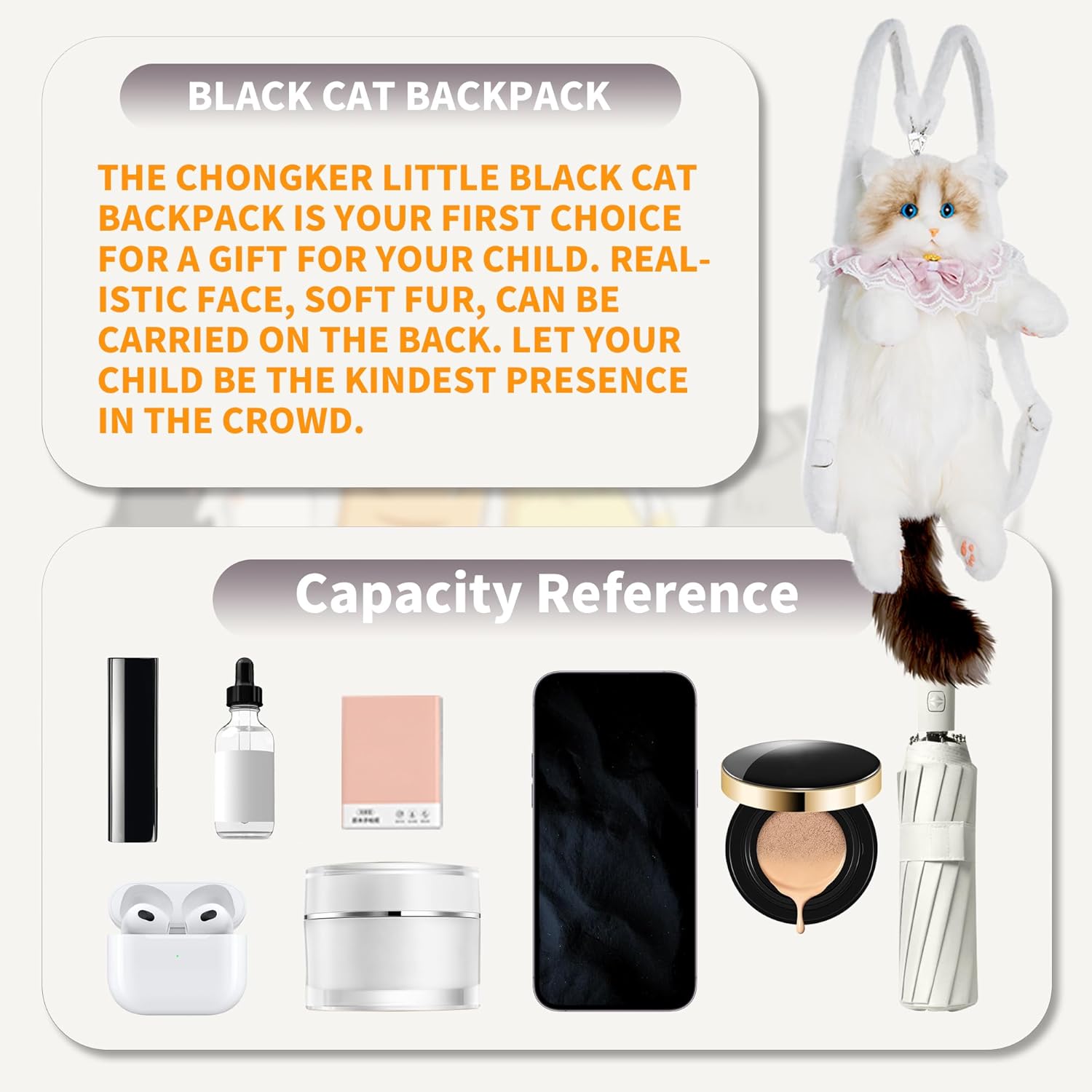 Chongker ぬいぐるみ リアルな猫 ぬいぐるみ バックパック, ホワイト