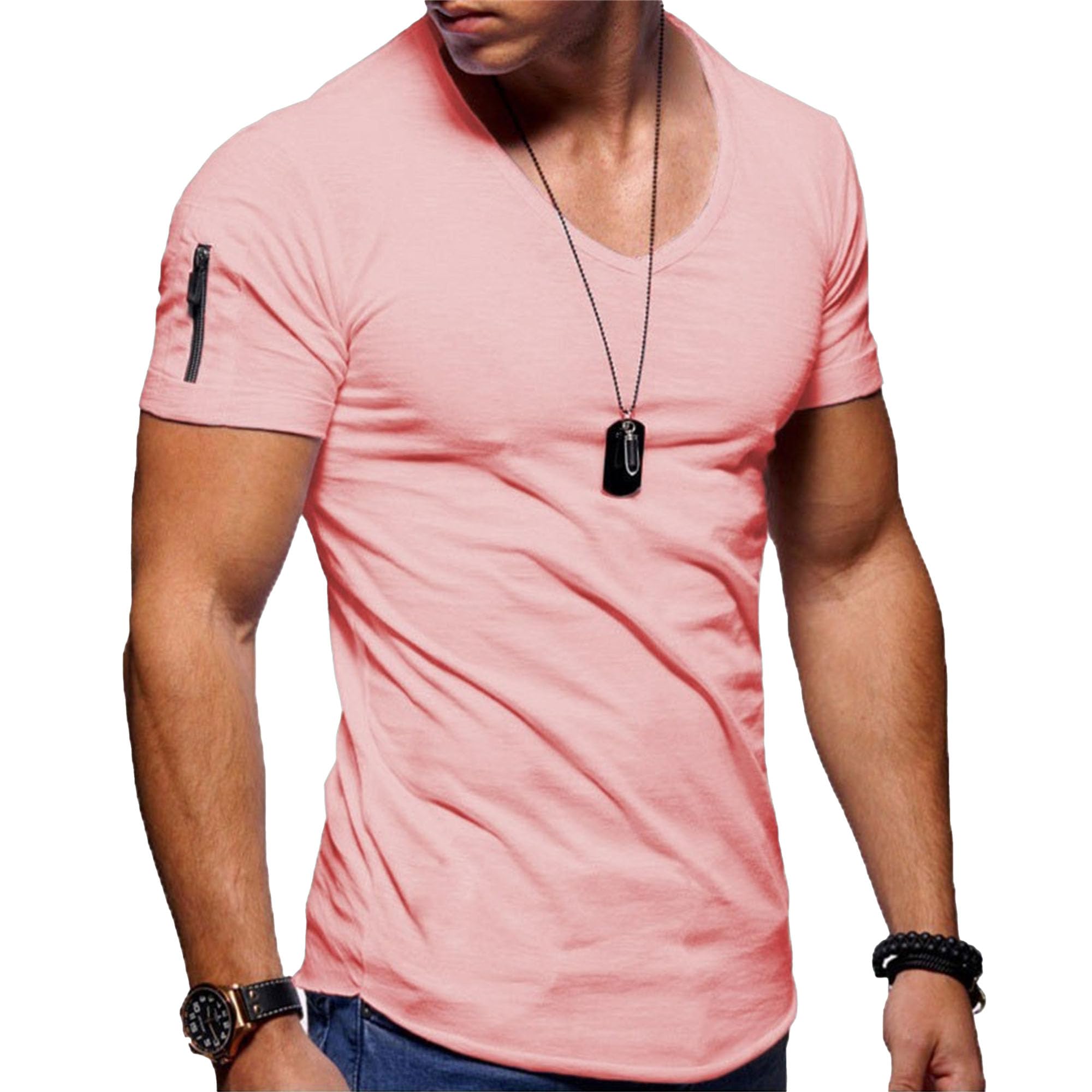 Men's Zip Deco Muscle T-Shirts Short Sleeve V Neck Workout Athletic T-Shirt Bodybuilding Solid Casual Tee Tops (Pink,5X-Large)