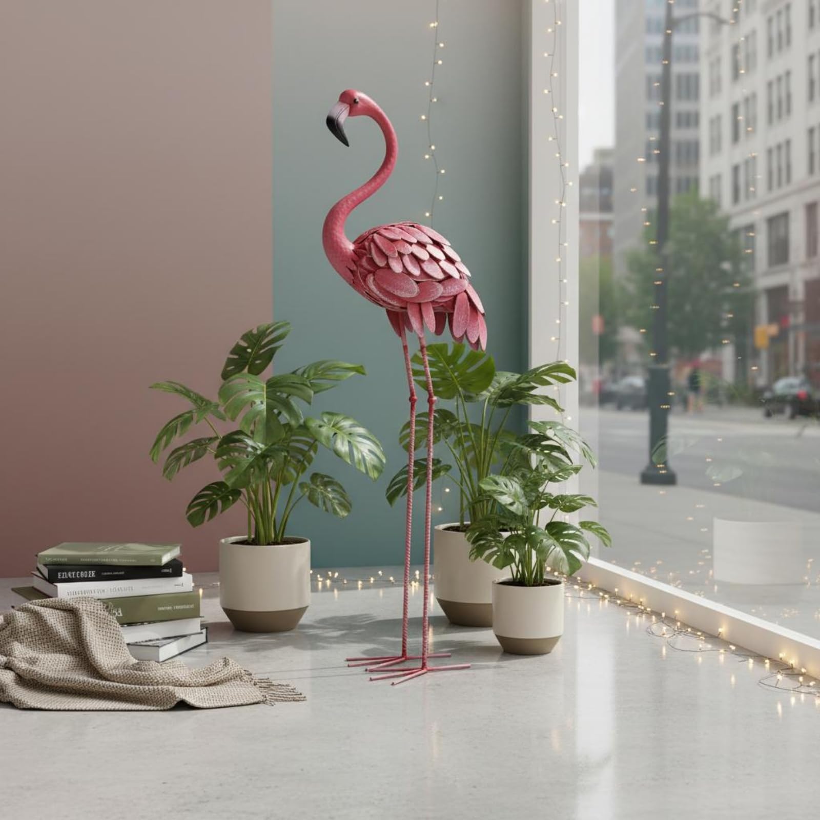 Statua da Giardino Flamingo Decorazione da Esterno Scultura Animale Ornamento per Esterni Figura Finitura a Piumaggio Stratificato E Silhouette, Rosa, Grande Altezza 120cm