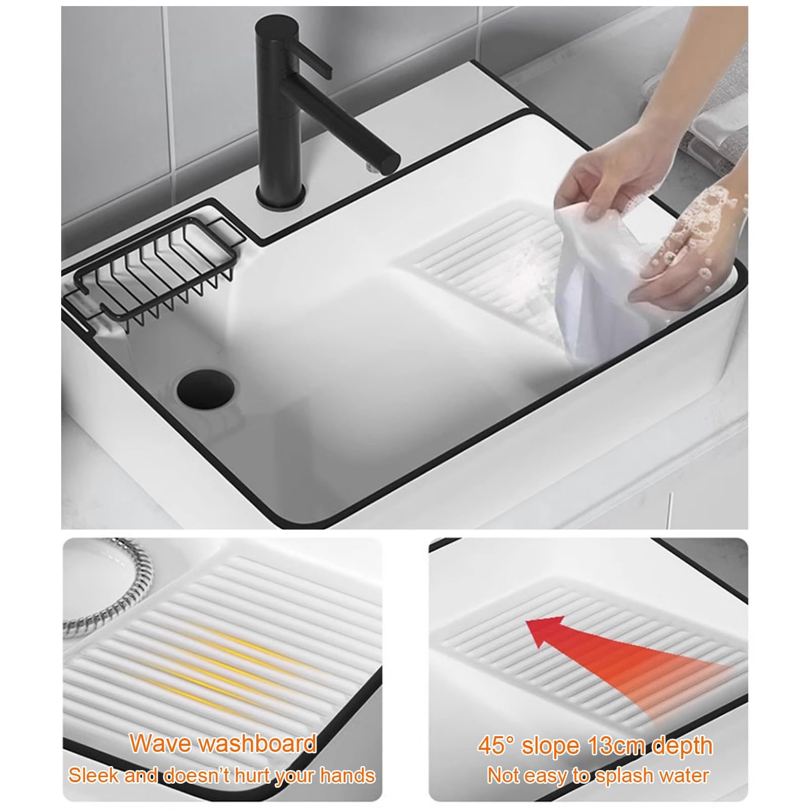 Fregadero rectangular de cerámica de porcelana moderna con grifo extraíble y drenaje lateral izquierdo para cocina, restaurante, lavandería