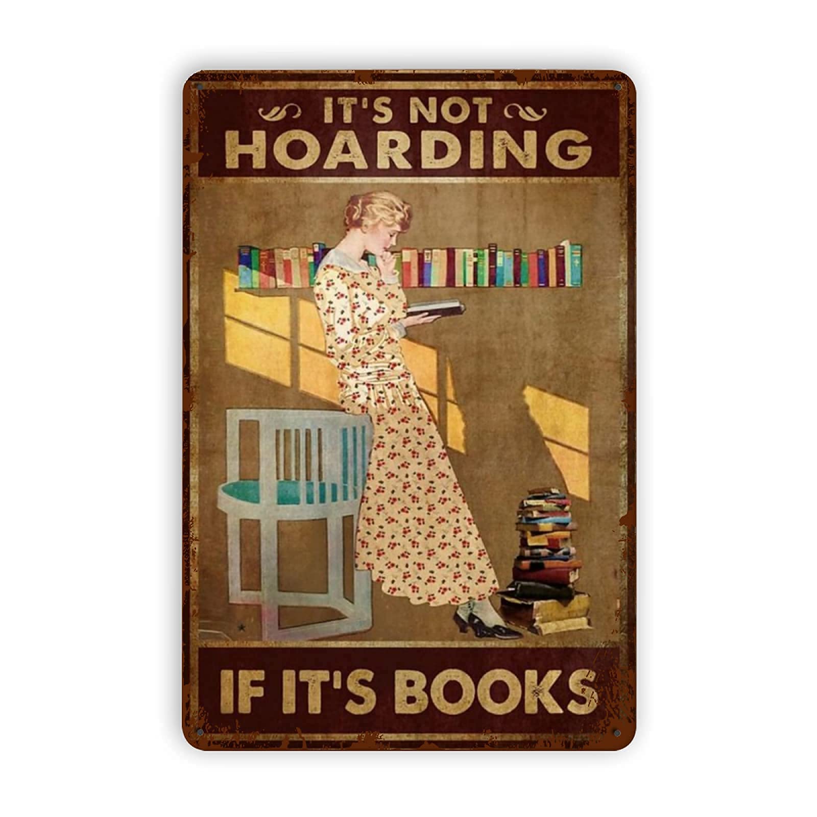 Targa Metallo Vintage 20x30 Cm Con Drago E Scritta "It's Not Hoarding If It's Books" Per Biblioteca