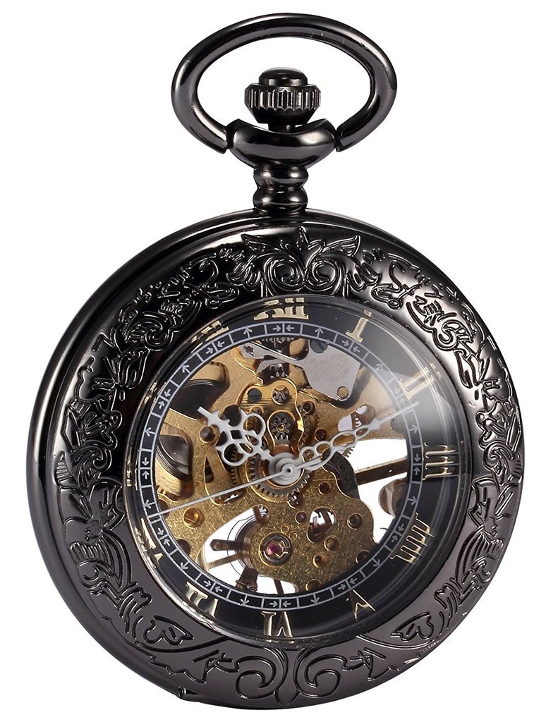 TREEWETO Steampunk szkielet mechaniczny miedziany zegarek kieszonkowy retro, Czarny, Retro