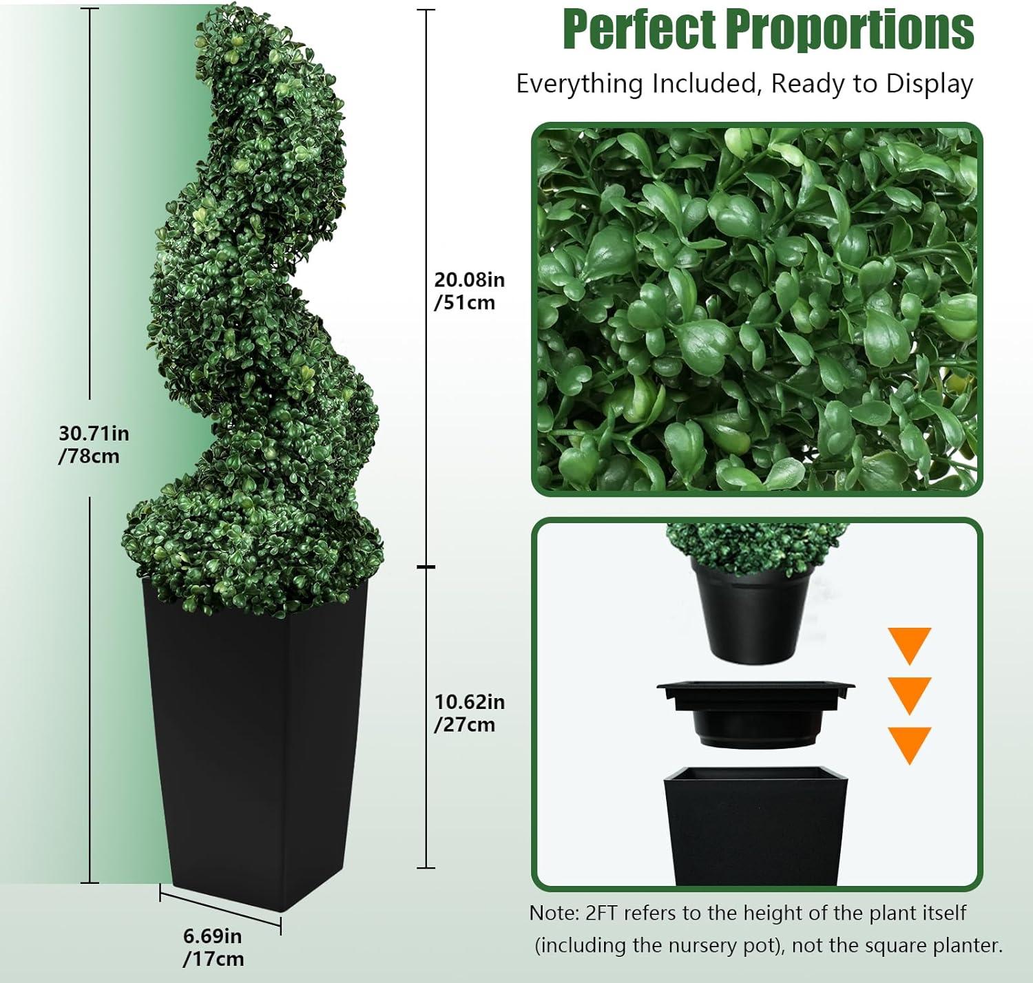 2ft Artificial Spiral Topiary Tree with Elegant Sculpted Shape, UV Resistant Faux Boxwood in Square Black Pot for Indoor Entryway, Living Room, Office, Home Decor