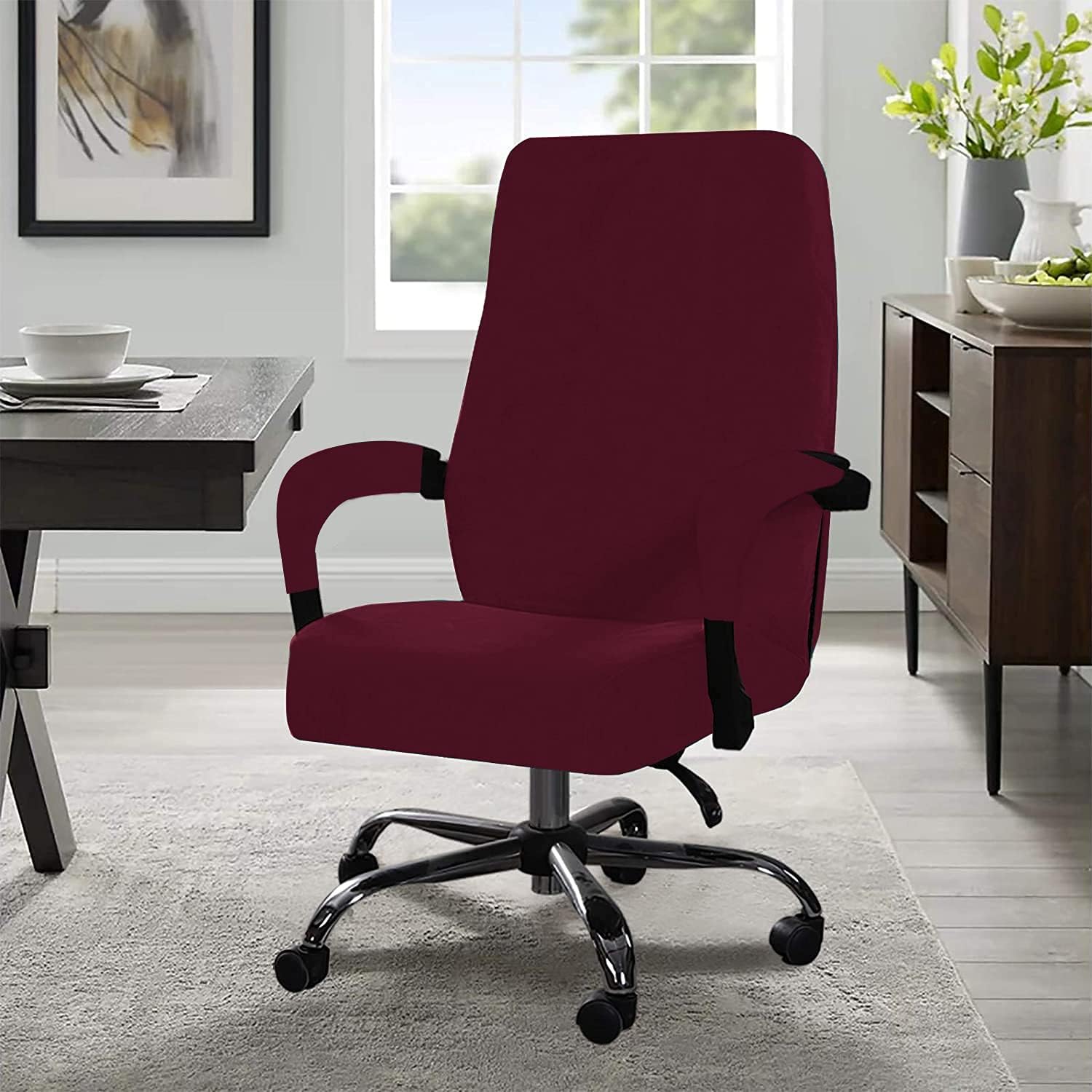 Office Chair Cover Stretchable Velvet Removable Washable Computer Chair Slipcovers Universal Elastic Chair Covers Modern Simplism Style High Back Chair Covers Rotating Chair Slipcover(Red Wine, Small)