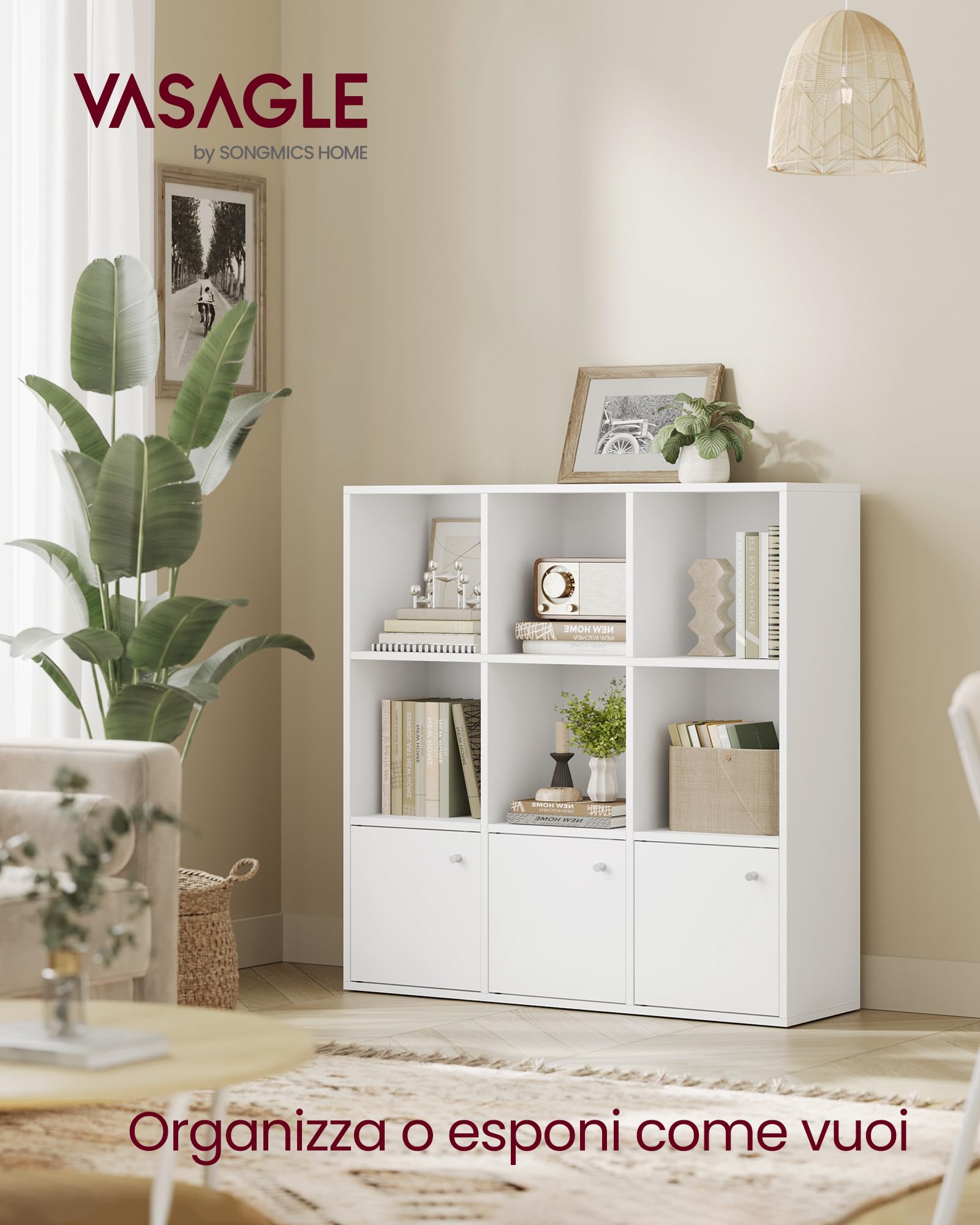 VASAGLE Libreria, Scaffale Libreria a 3 Ripiani, Scaffale Portaoggetti, 29 x 97,5 x 97,5 cm, 3 Scomparti con Ante, per Soggiorno Studio Sala da Pranzo, Bianco Nuvola LBC33WT