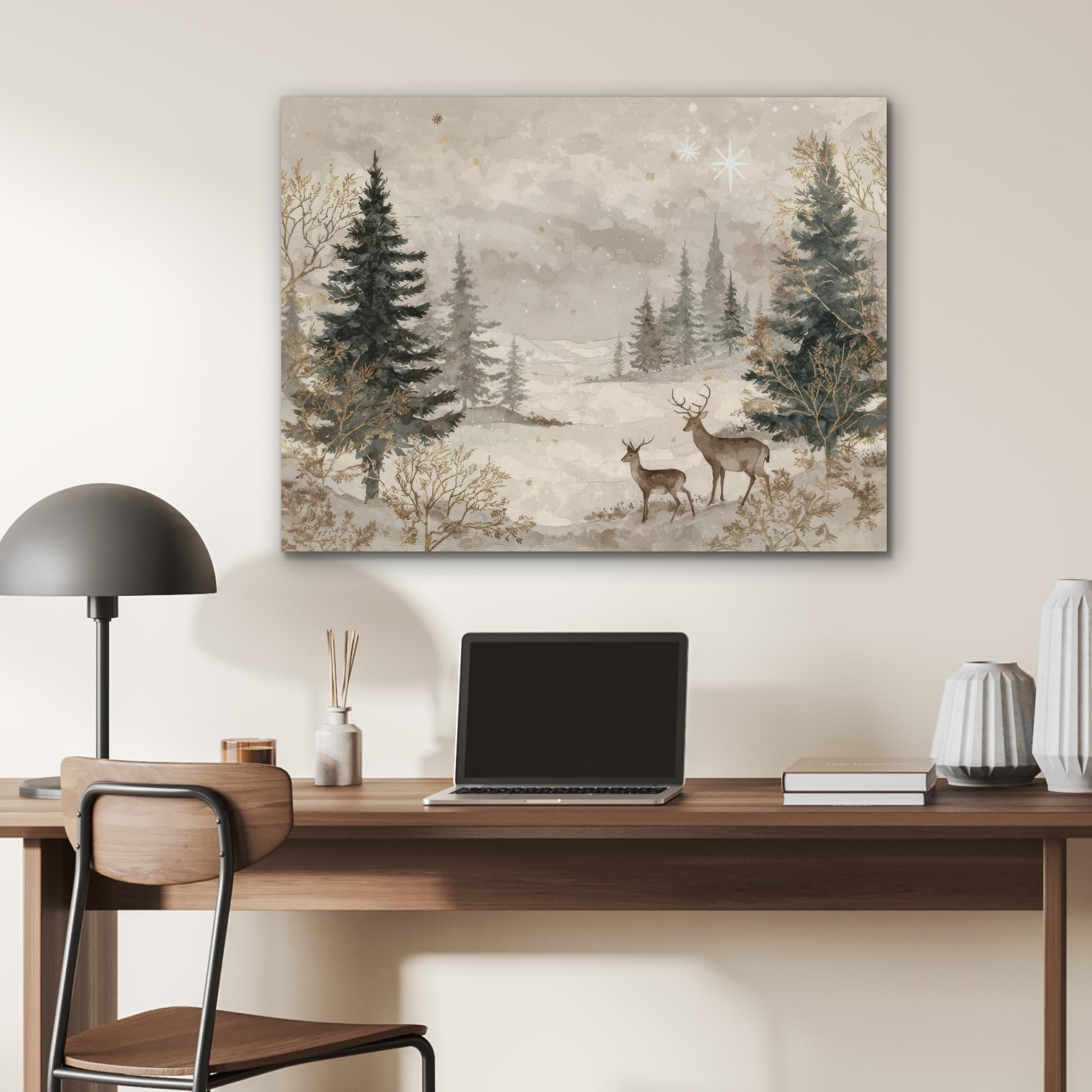 MuchoWow© Pannello Feltro Camera Letto Arredo Soggiorno Parete Moderna | 80x60 cm - Cornice Casa Elegante Decorazioni Natilizie Foresta - Cervo - Inverno - Neve