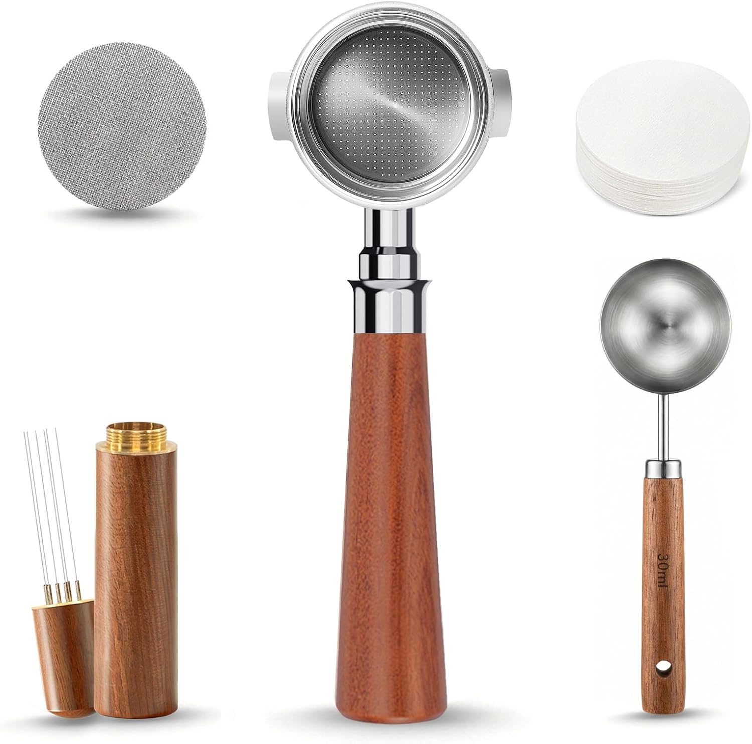 51mm Bottomless Portafilter 2 Ears Fits DeLonghi EC155, EC260, BCO430, ECP3120, ECP3220, ECP3420, ECP3630, 5Pcs Espresso Portafilter Set with WDT Tool, Puck Screen, Filter Papers & Coffee Scoop