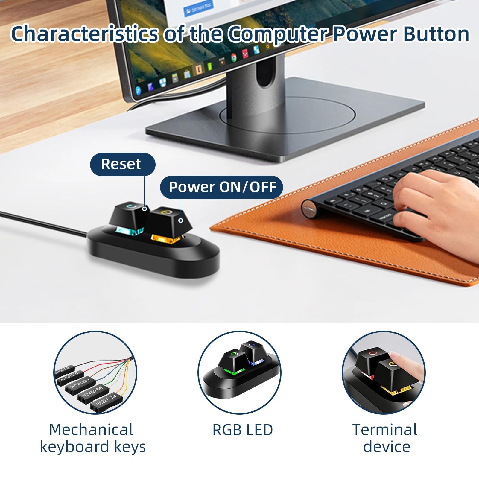 Desktop Computer External PC Power Button with RGB Light Multifunctional Computer Power Switch for Home Desktop E-Sports Internet Cafes Easy Start and Reset Control with Motherboard Cable 1.8M/5.9FT - 2