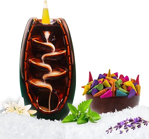 Scenteria - Soporte de incienso de cerámica con reflujo de reflujo de incienso en cascada con 100 conos de incienso orgánicos de reflujo de humo