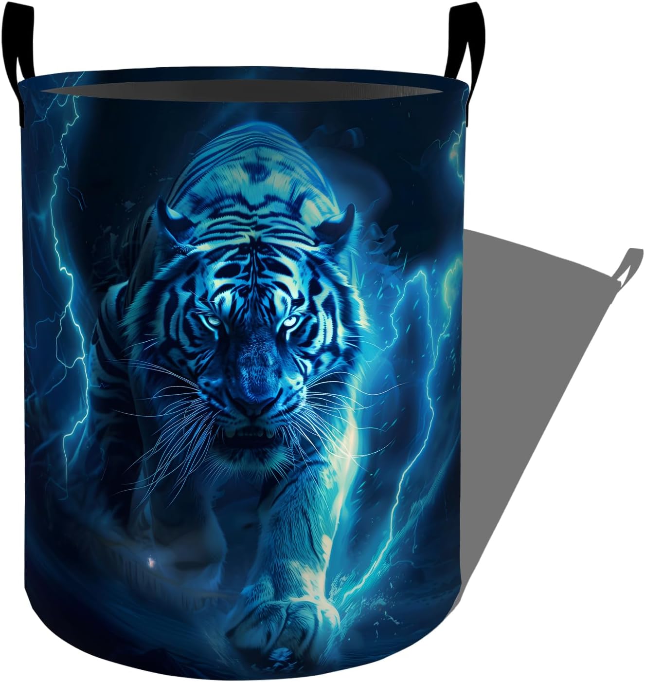 Majestic Tiger with Blue Lightning Strikes Laundry Basket with Handles, 19.7"x15.7" Clothes Foldable Laundry Hamper Organizer for Dorm Nursery Bedroom Bathroom Decor, Toy Storage Bin for Kids