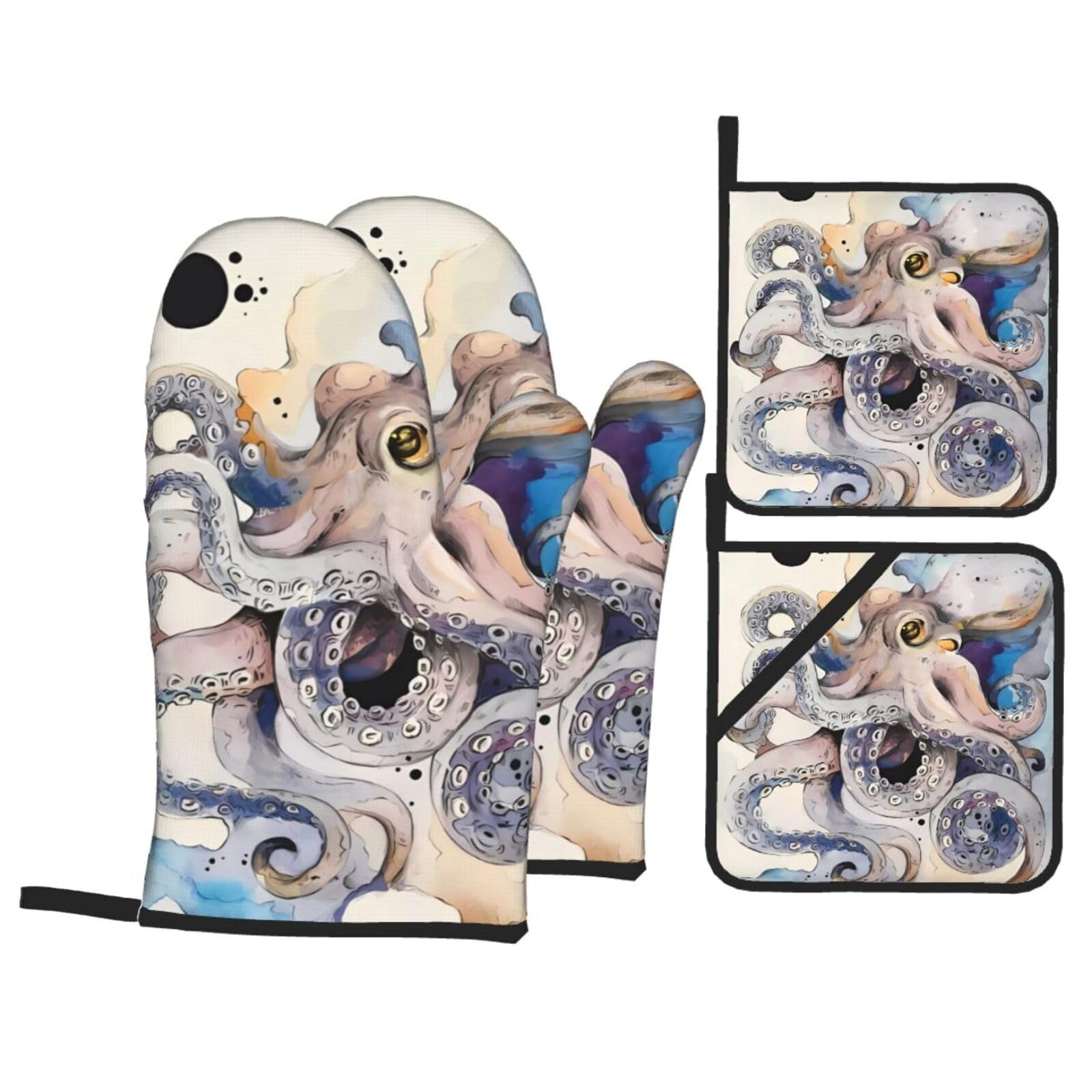 HJFCZH Retro Octopus Prints Kitchen Covers: Waterproof Oven Layers for Safe Cooking & Easy Cleanup - 4 Piece Heat Protection Set