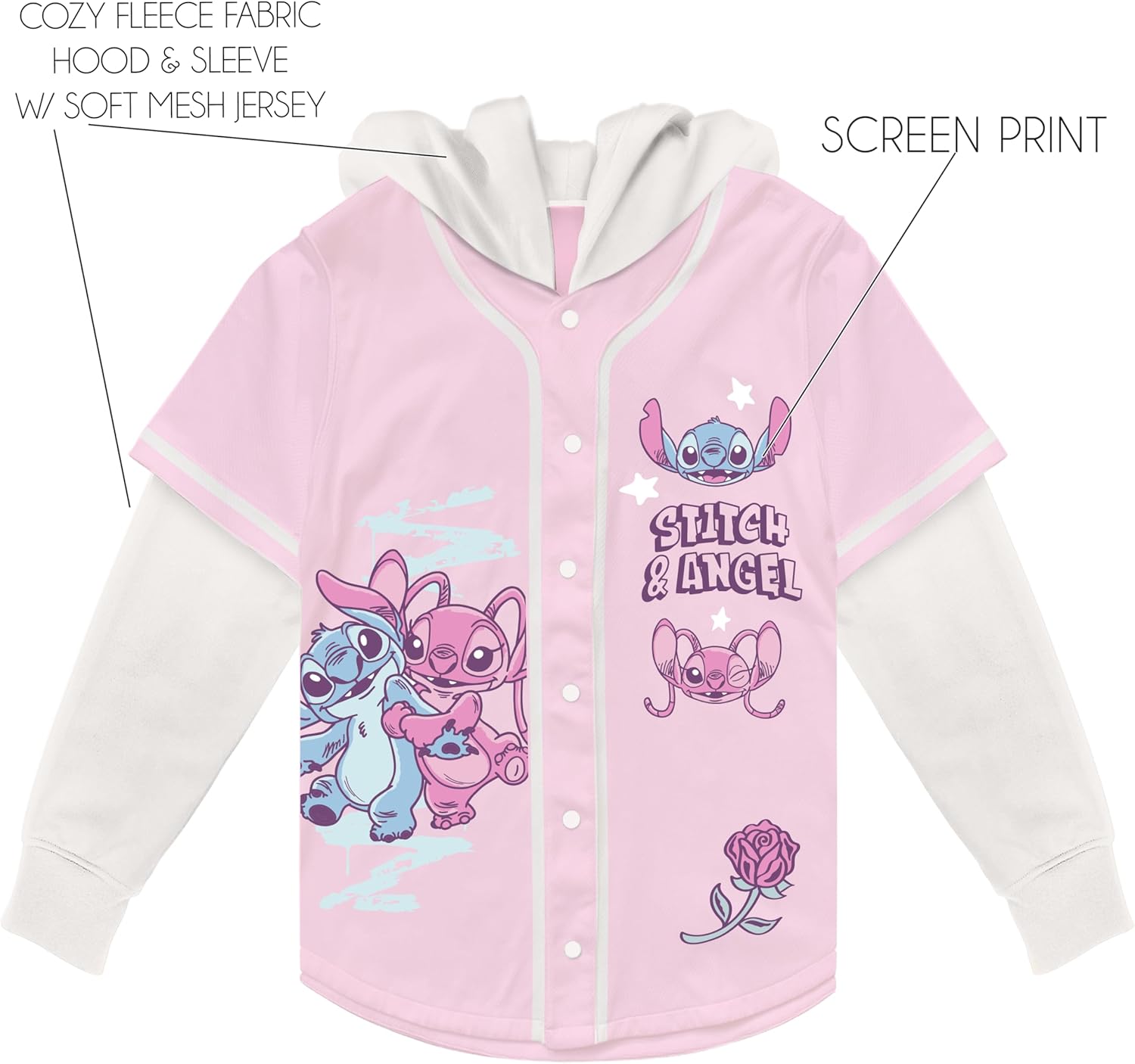 Disney Girls' Disney Lilo & Stitch Girls 4-16 Hooded Long Sleeve Baseball Twofer Jersey (Stitch & Angel Styles)