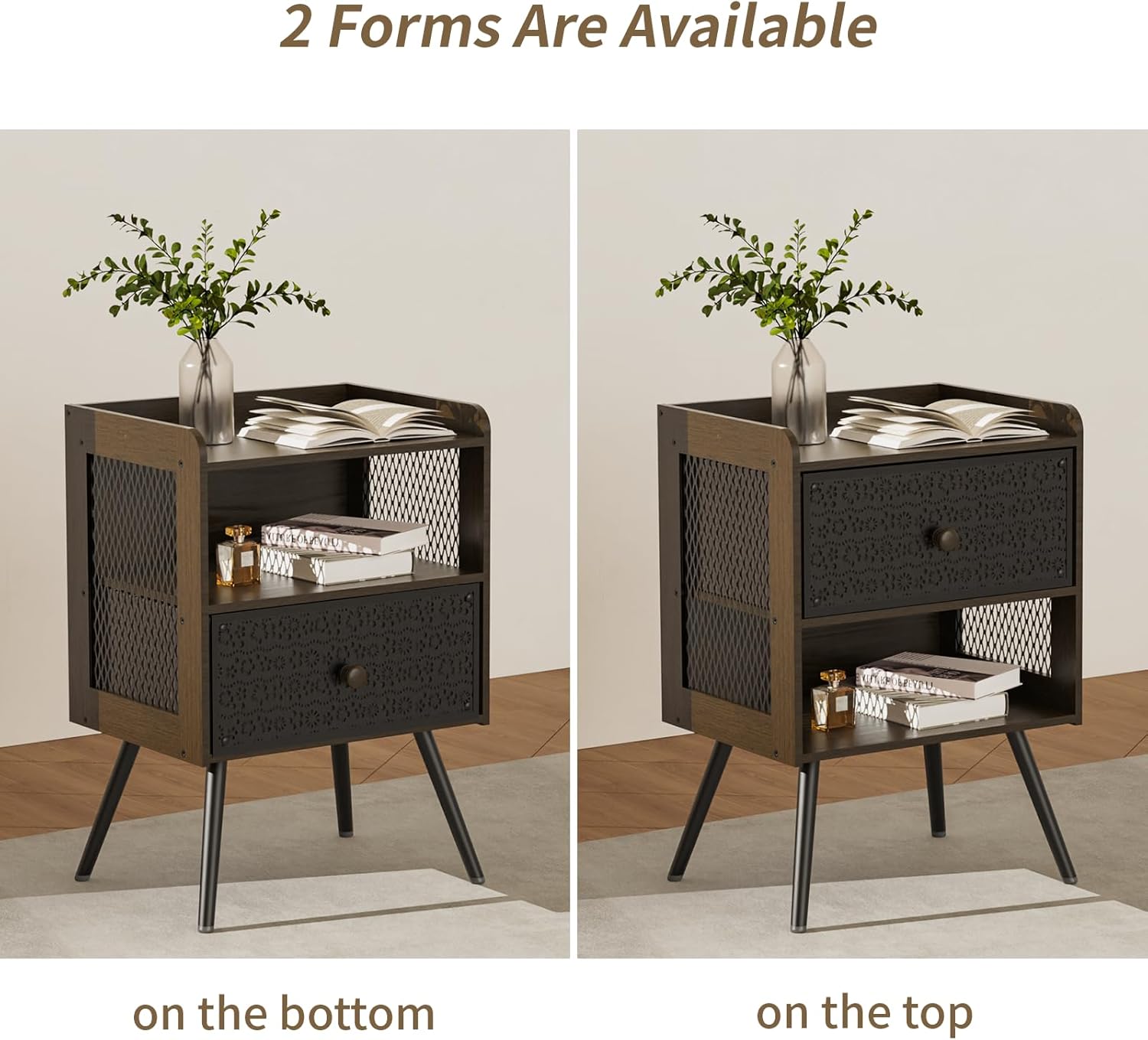 Nightstand, 2-Tier Open Adjustable Metal Floral Drawer Night Stand, Black