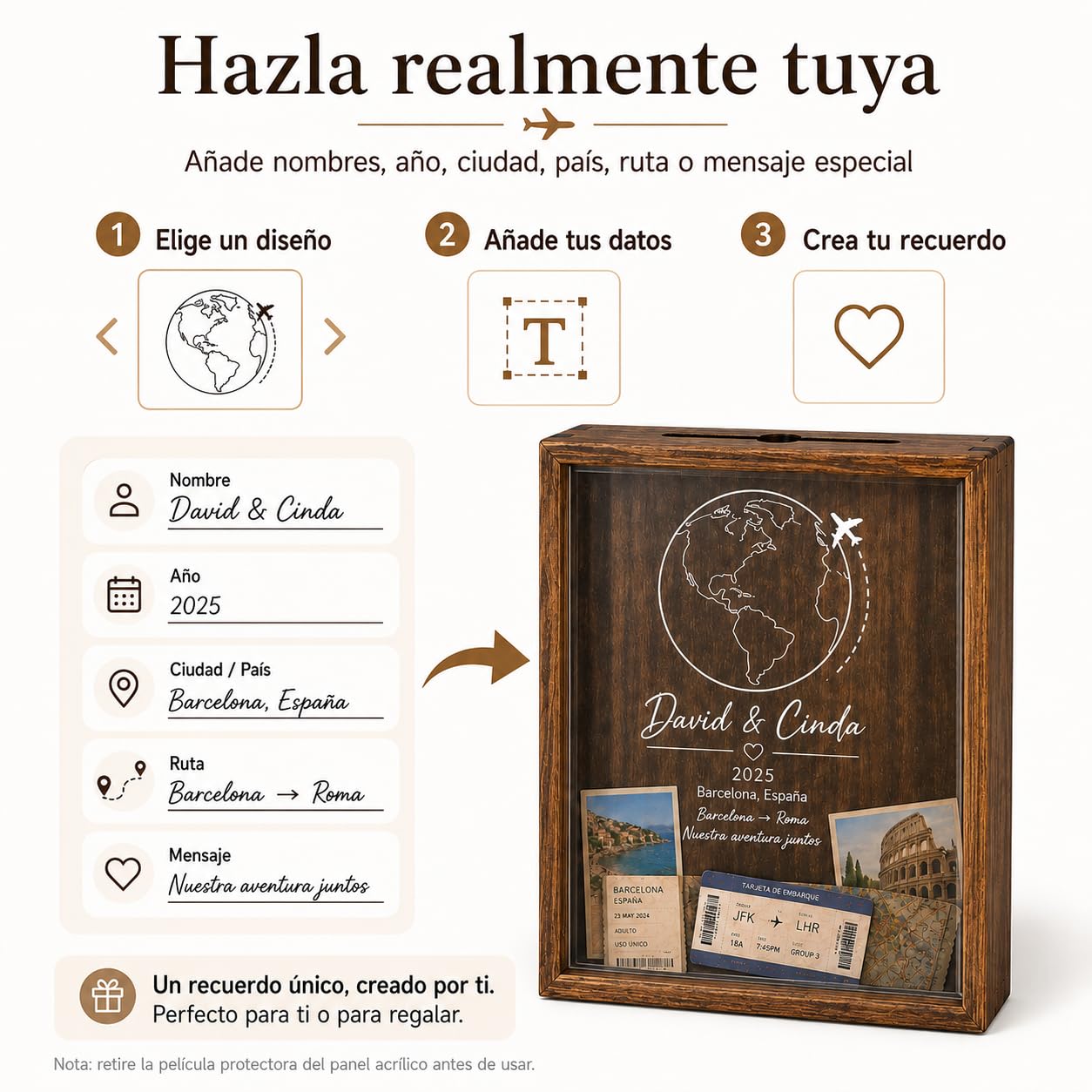 Caja de Recuerdos de Viaje Personalizada, Caja de Fotos Personalizadas con Marco de Madera Maciza y Ranura Superior, para Tickets, Mapas y Postales, Regalo Personalizado para Viajeros y Parejas