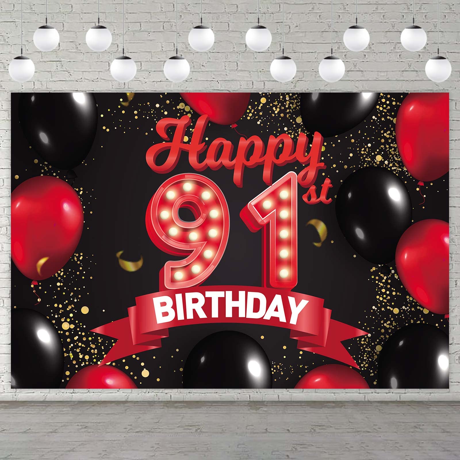 PAKBOOM 91. Geburtstag Banner – 1,2 X 1,8 M, Schwarz-gold, Mit Aufhänge-Schnüren