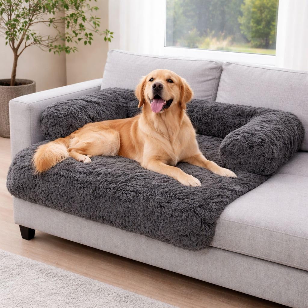 LavishFashionTown Luxury Plush Sofa Dog Bed Waterproof Pet Cushion with Raised Bolster Sides Non Slip Base Washable Square Pet Bed for Dogs & Cats - Charcoal, 75 x 75 x 13 cm