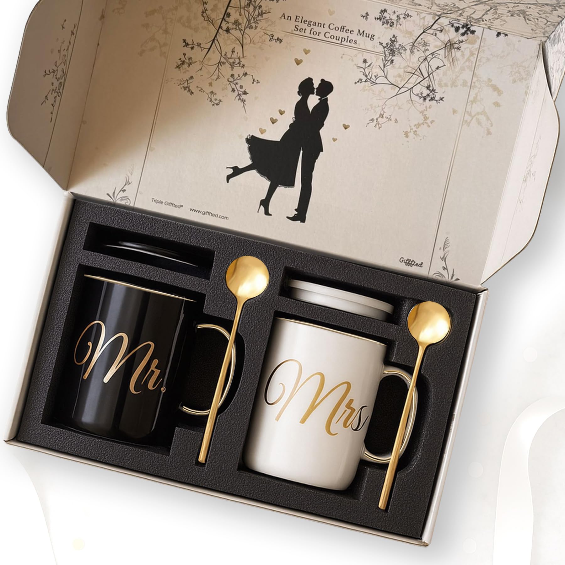 Triple Gifffted Mr and Mrs Mugs Set with Lids and Coffee Spoons for Birthday Wedding Gift Engagement Christmas Gift Luxury Basket Packaging Couple Mugs