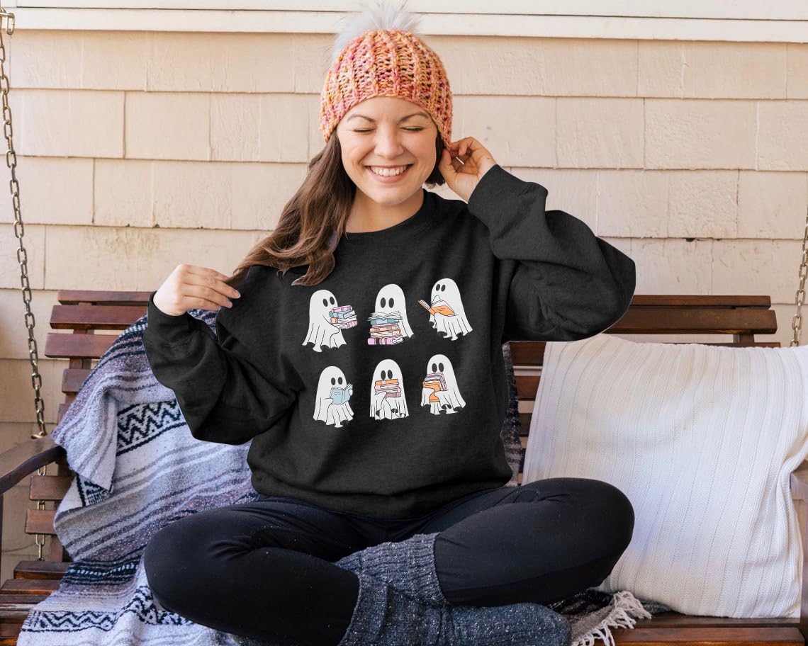 UNIQUEONE Halloween Sweatshirts for Women Ghost Reading Books Sweater Cute Spooky Bookish Shirt Fall Pullover Tops