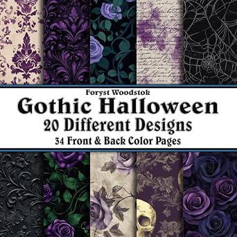 Scrapbook Paper - 34 Front and Back Full Color Sheets Purple and Black Gothic Halloween Vintage Designs - 8.5"x8.5"