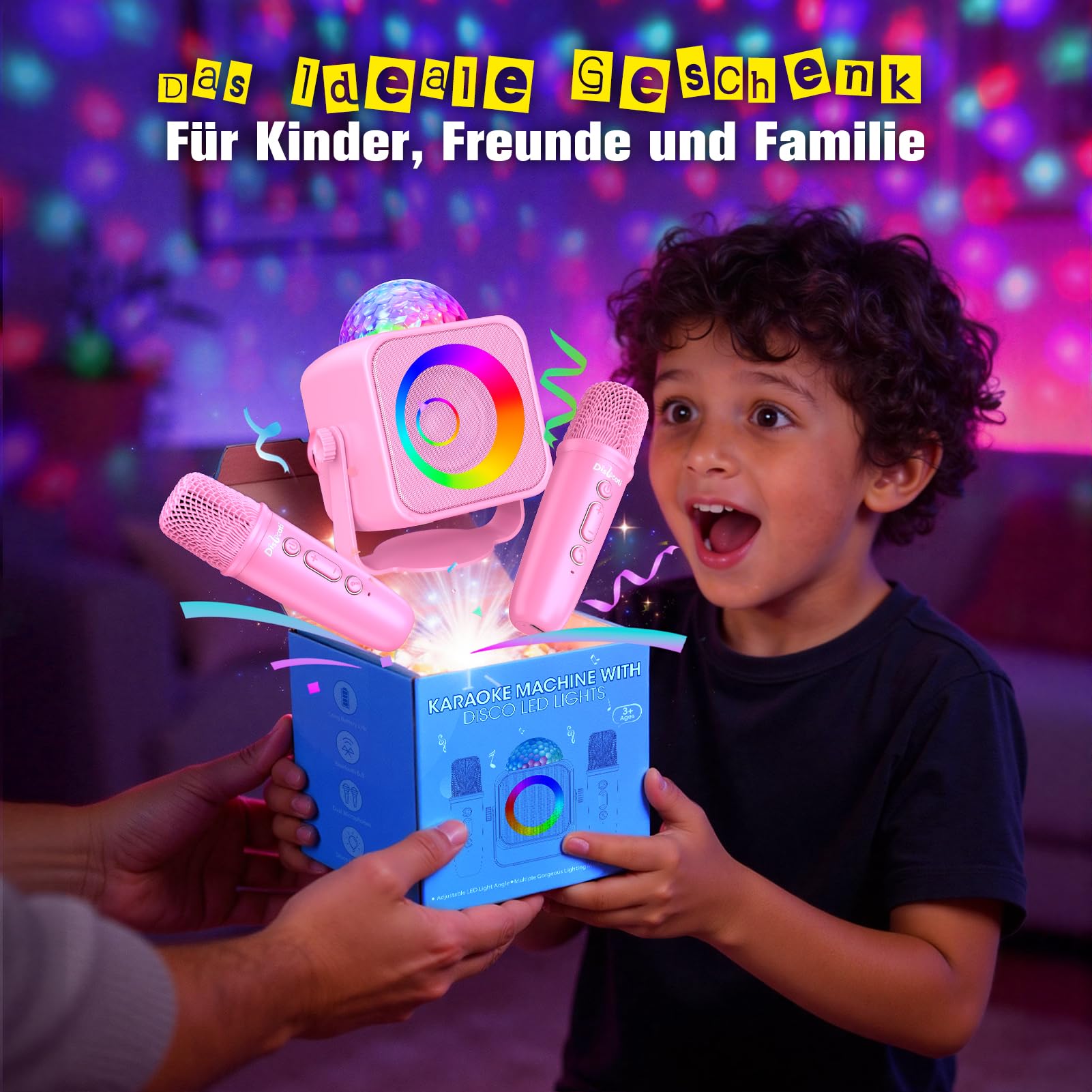 Dislocati Micro Karaoke Enfant Adulte, Jouet Fille 5 6 7 8 9 10 11 12 Ans 2 Micro avec Lumières LED Disco et Support Amovible Cadeau Anniversaire Fille 3-15 Ans Enfant pour Chanter Fill e Rose