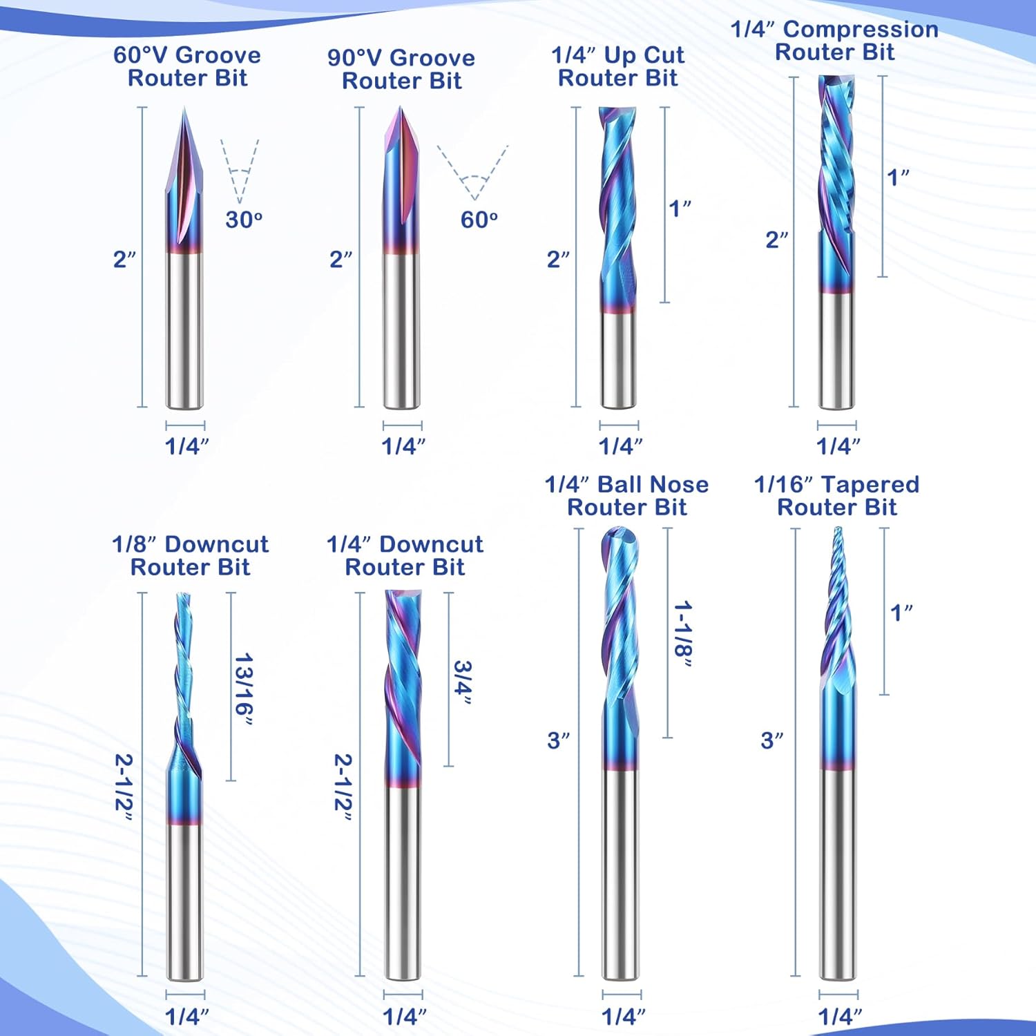 HQMaster 8 Pcs CNC Router Bits Set 1/4” Shank Tungsten Carbide Multiple Uses Router Bit End Mill for Woodworking Detail Carving Trimming V Groove Engraving Sign Making Grooving Slots and Mortises