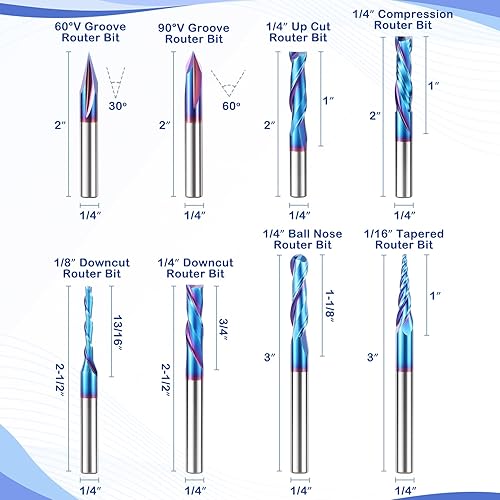 Miniatura 2 de HQMaster Brocas de enrutador CNC de 14 de pulgada, juego de 8 piezas para detalles de madera, perfil de ranura en V, grabado de carburo sólido,