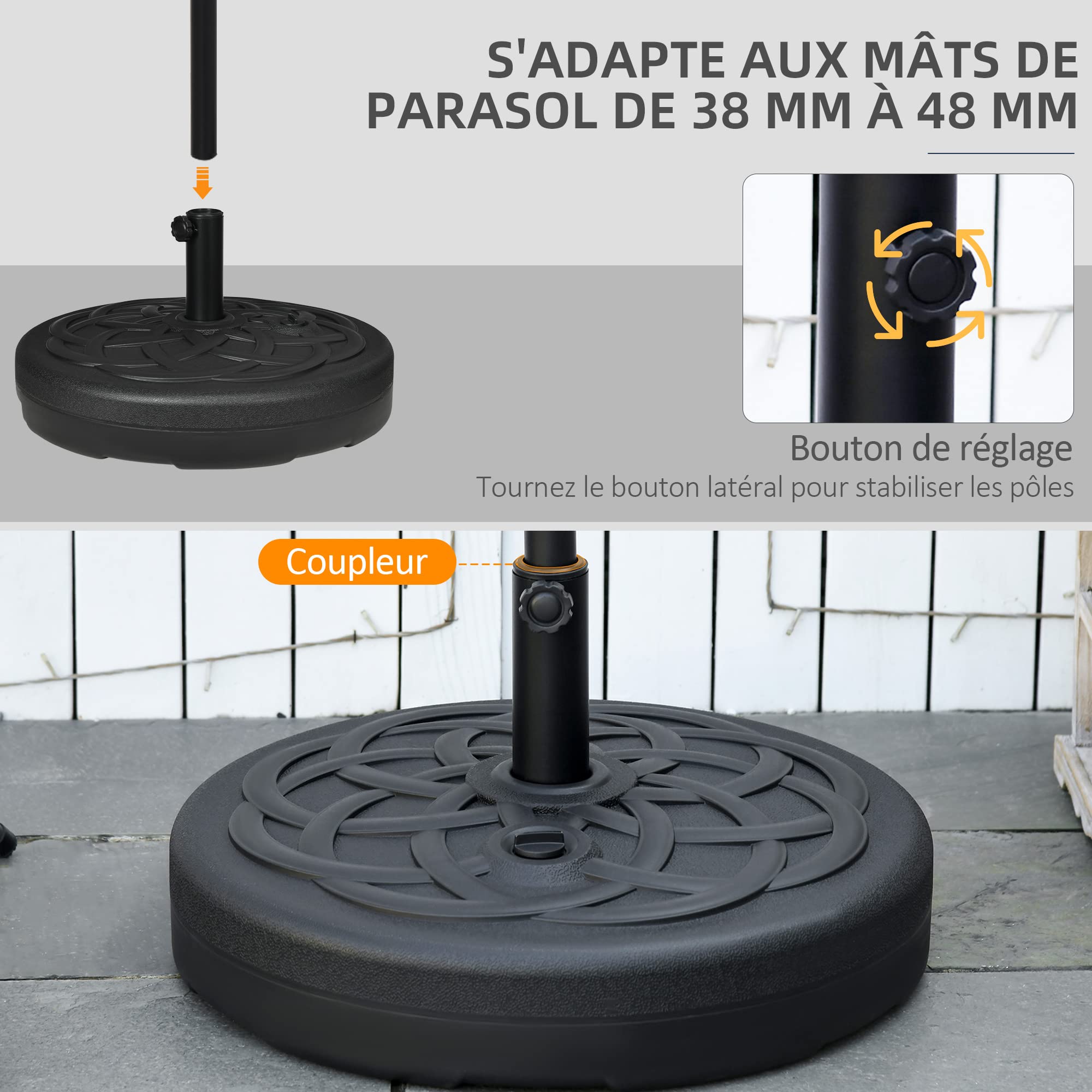 Outsunny Pied de Parasol Base de lestage à remplir de Sable ou d'eau 25L avec poignée Ø 56 x 30,5H cm Noir