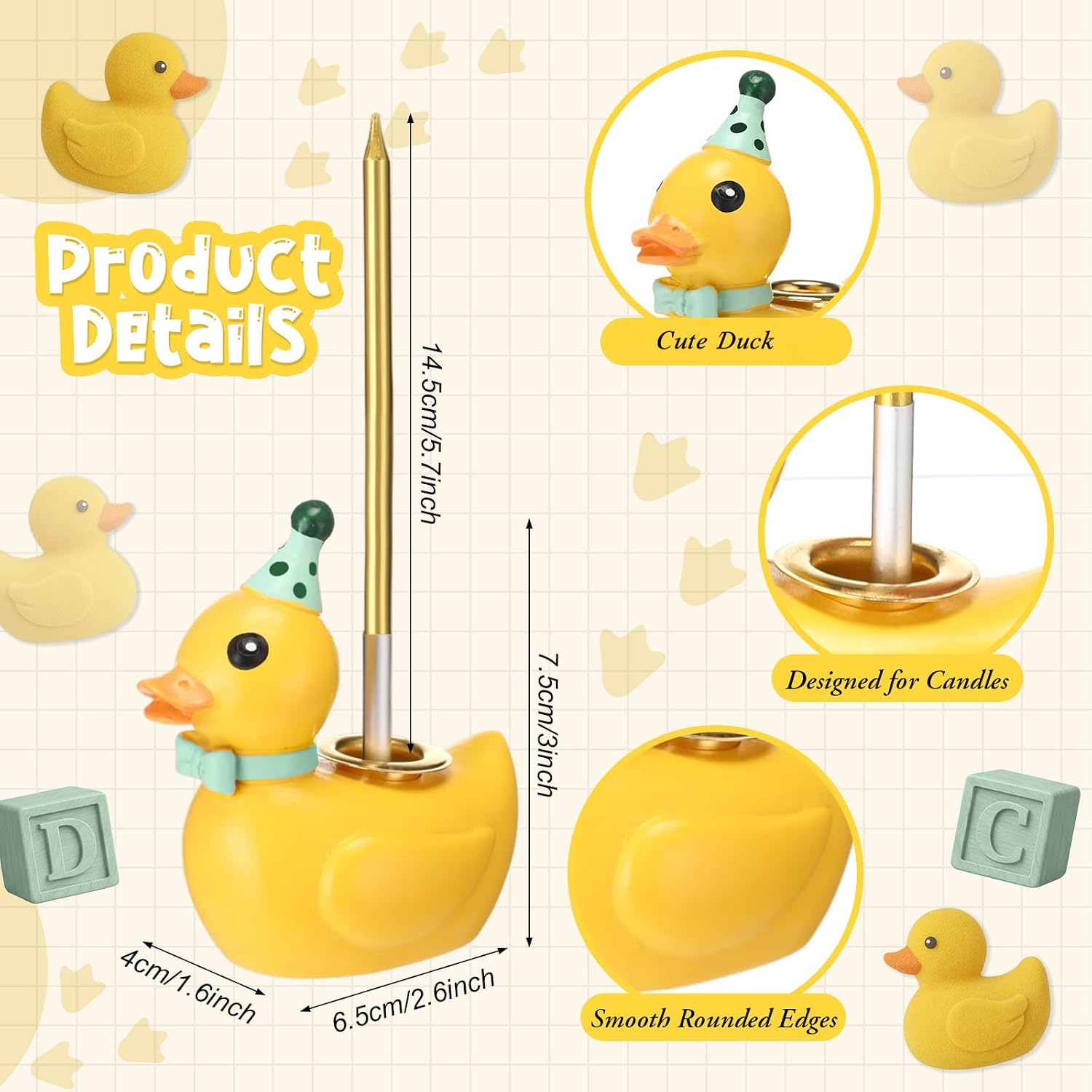 Rtteri 3 Inch Yellow Duck Cake Candle Holder with Golden Birthday Candle Luck Duck Birthday Decor Cake Topper Stand Candlestick Cute Desk Ornament for Birthdays Baby Shower Theme Party Supply(Green)