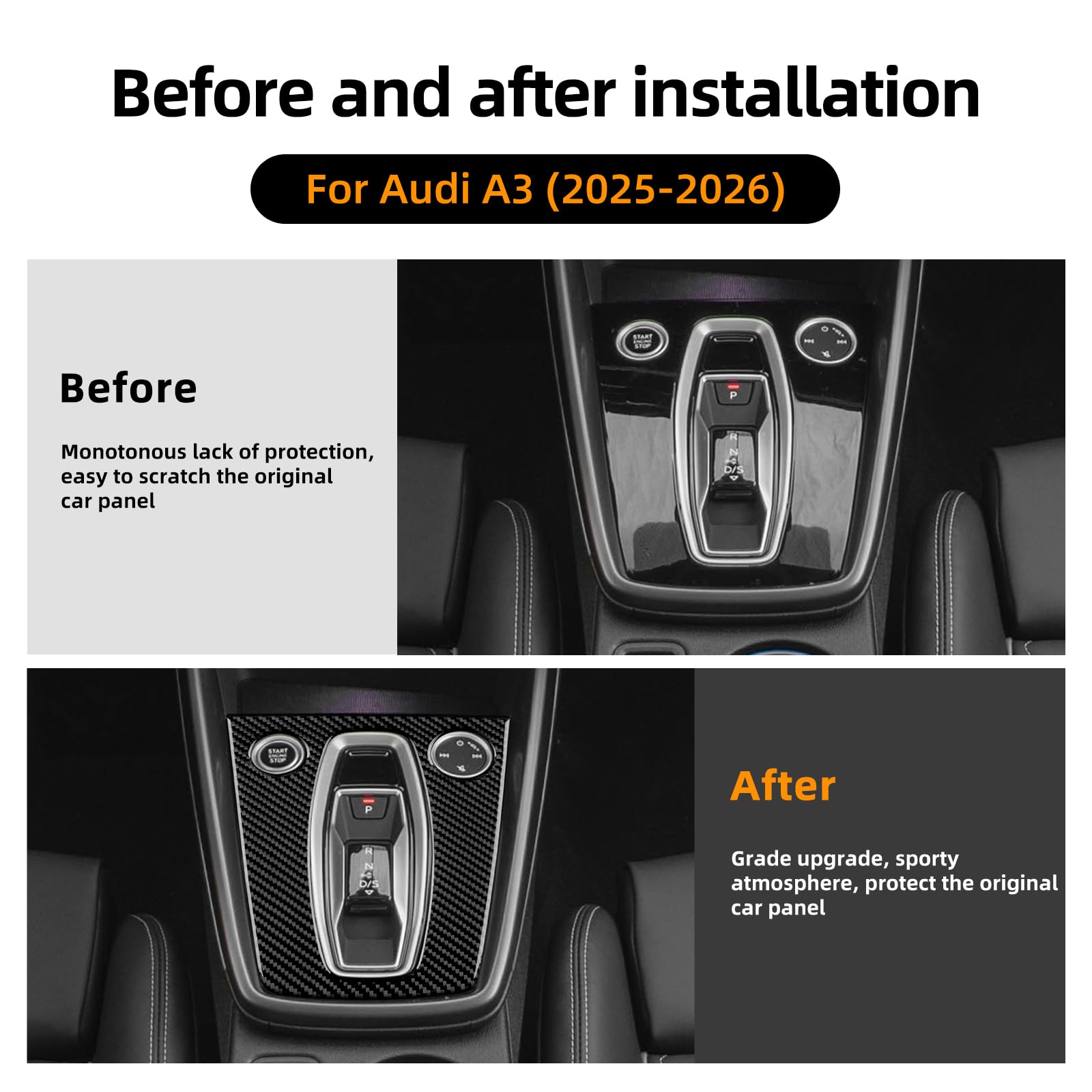 KUNGKIC Per Audi A3 S3 8Y 2025 2026 in fibra di carbonio auto centrale console cambio telaio esterno decorazione pannello adesivo accessori interni (cambio automatico, nero)