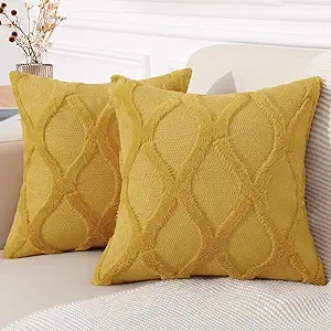 decorUhome Fall Throw Pillow Covers 26x26 Inch Set of 2, Soft Plush Faux Fur Wool Mustard Yellow Couch Pillow Covers, Decorative Neutral Pillow Cases for Bed Sofa Living Room Home Decor