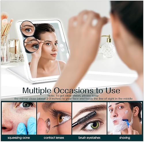 Miniatura 5 de Soaoo Espejo de maquillaje grande con redondo 10X, espejo de aumento 20X, pinzas, espejo de maquillaje iluminado de viaje, iluminación de 3 colores,