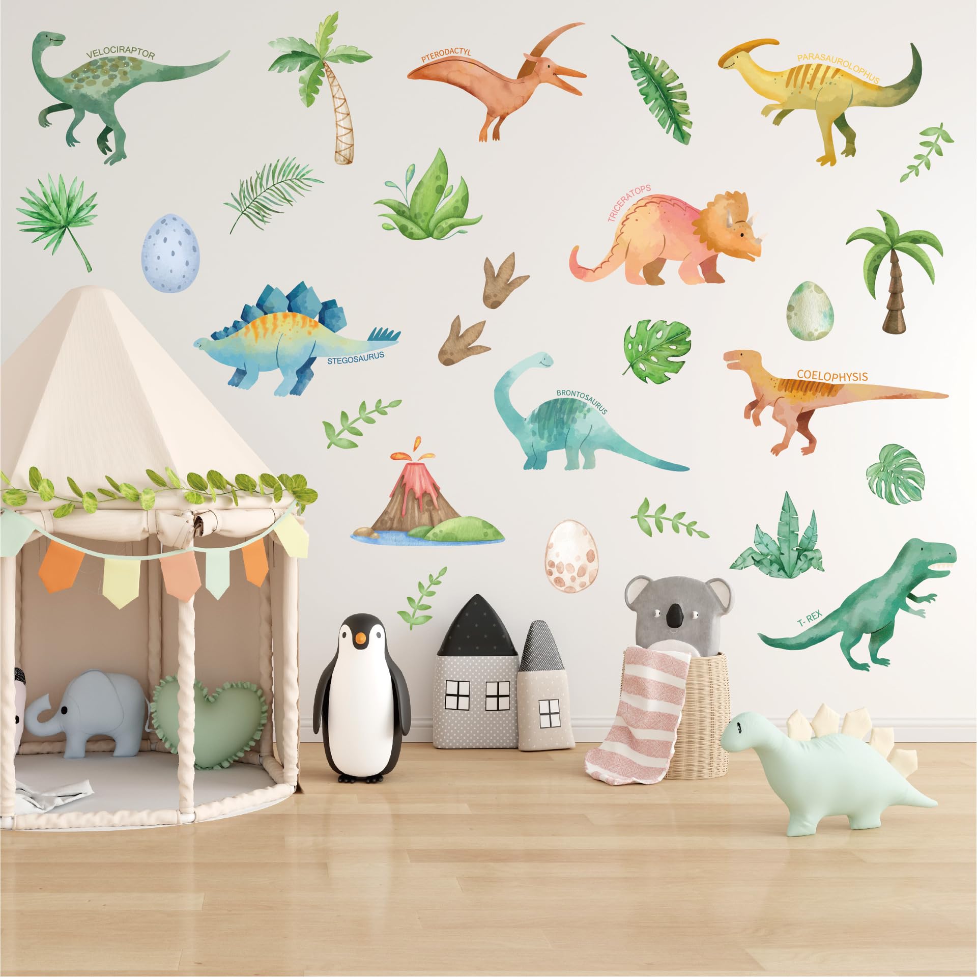 Watercolor Dinosaur Wall Stickers 9 Sheets/84 Pcs Forest Animal Wall Decals for Bedroom Living Room Office Decor Art Sticker Peel and Stick PVC Murals Graffiti Sticker Waterproof Vinyl Walles Decal