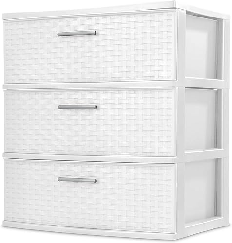 Organizador de torre de tejido ancho de 3 cajones, gabinete de almacenamiento de plástico con asas de tirador, color blanco