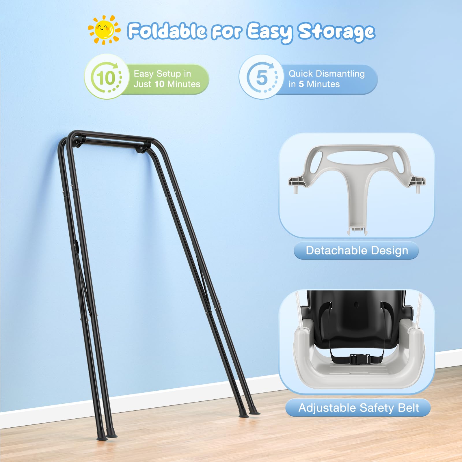 Arrampicate e altalene,4-in-1 Altalena da Giardino per Bambini,Giochi per Neonato da Interno/Esterno, Supporto in Metallo Pieghevole e Istruzioni Chiare(Nero)