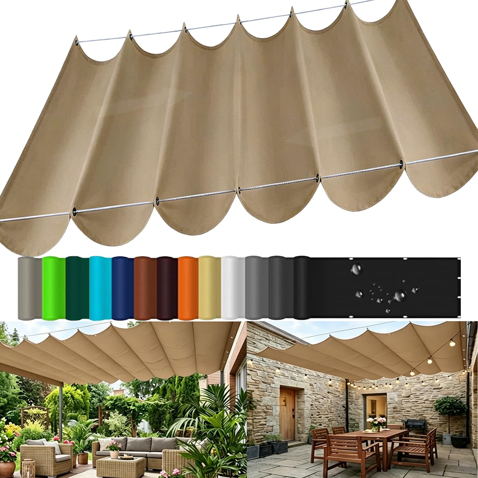 Retractable Wave Sun Shade Sail, Sun Protection Waterproof Wave Awning Canopy with Eyelets and Rope, Outdoor Pergola Adjustable Shade Cover for Yard Deck Lawn Garden Patio-Khaki||120x700cm