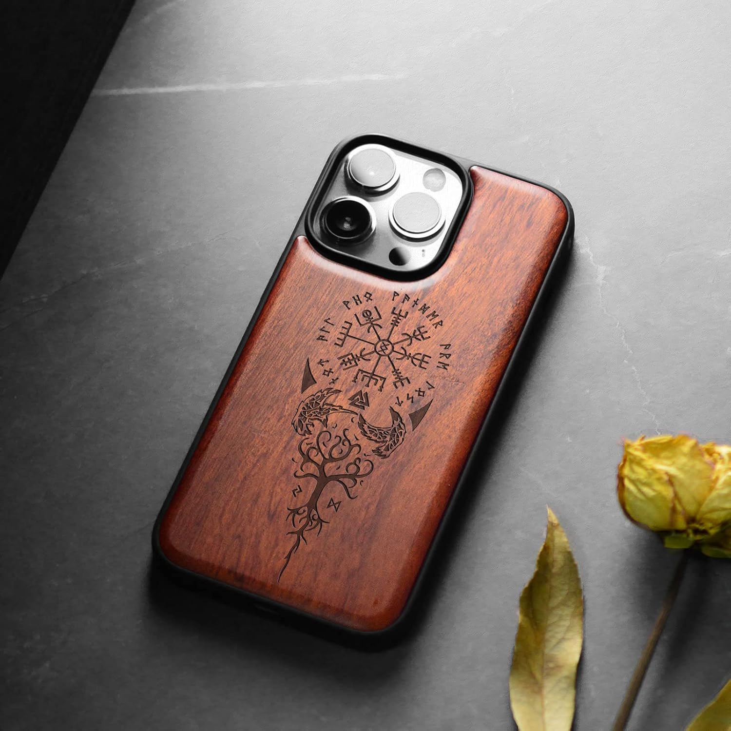 Carveit Magnetic Wood Case Compatible with iPhone 14 Pro Case [Natural Wood & Black Soft TPU] Unique & Classy Wooden Shockproof Protective Cover for MagSafe (Viking -Rosewood)
