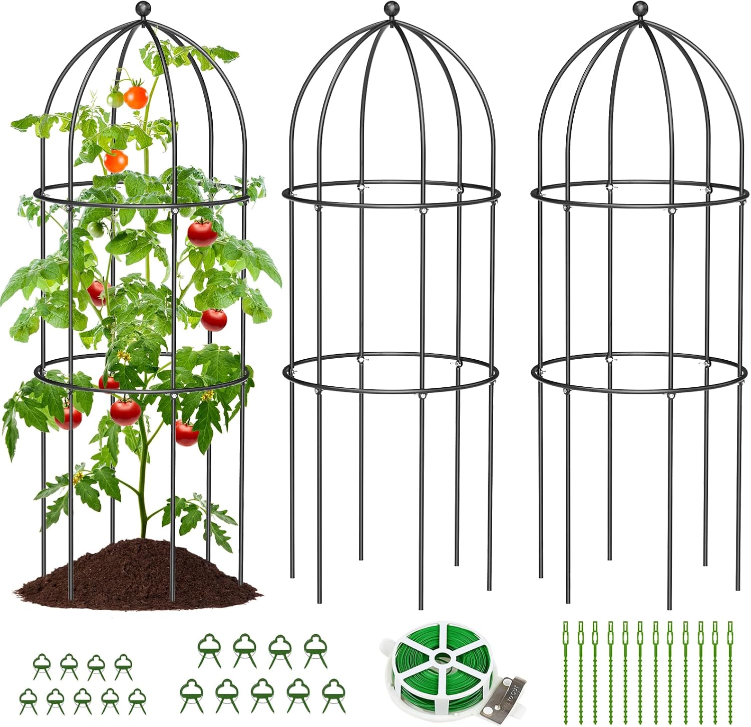SUNYRISY 3 Pack Metal Plant Support Cage for Tomato Peony Cucumber, 47.2in H Garden Arch Obelisk Trellis for Climbing Plants Supports Outdoor for Vine Vegetables Flowers, Black