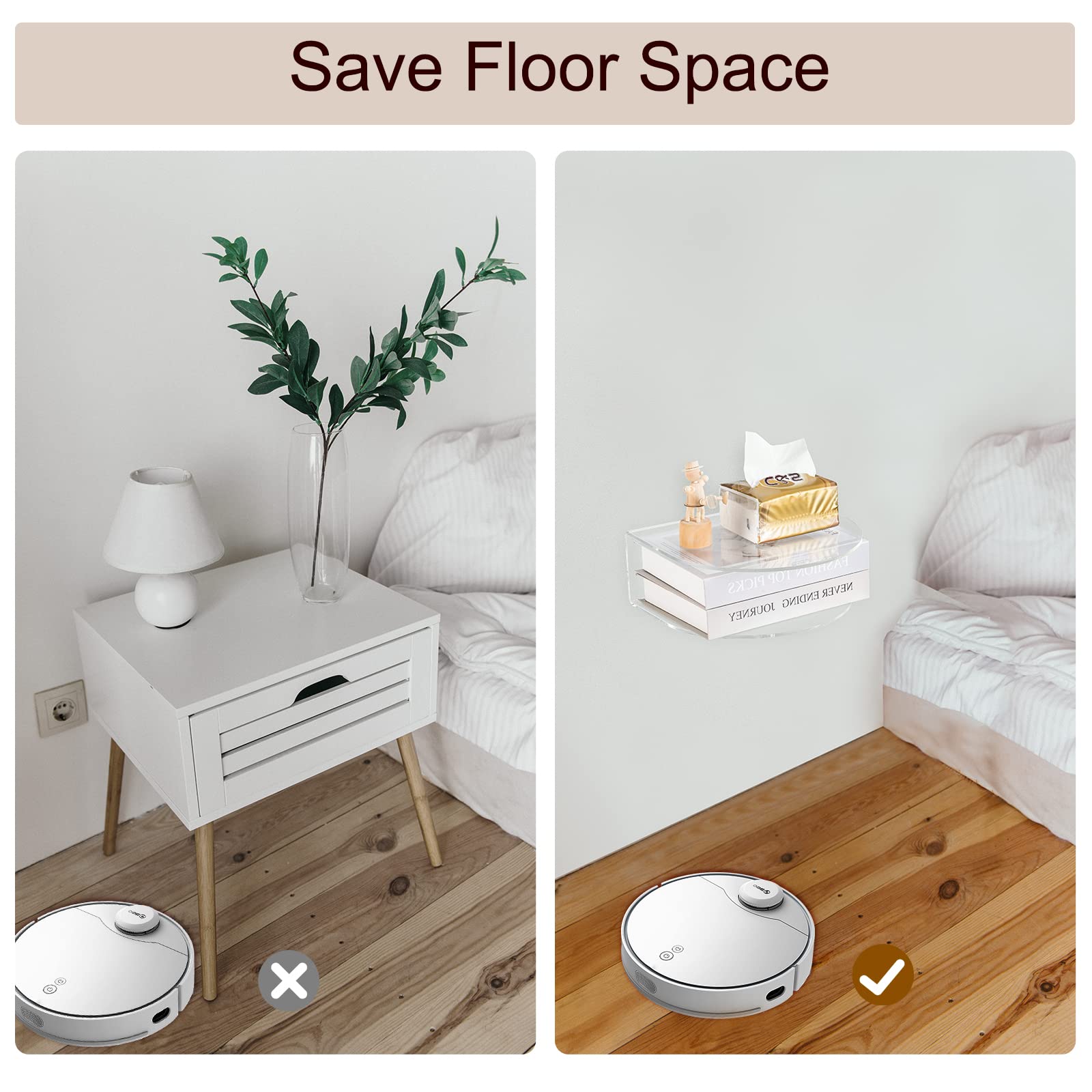 Juego de 2 mesitas de noche flotantes de acrílico, mesa de noche montada en la pared para dormitorio, colgar, carga de 8 libras, 10.5 pulgadas de largo x 10 pulgadas de ancho x 4 pulgadas de 7