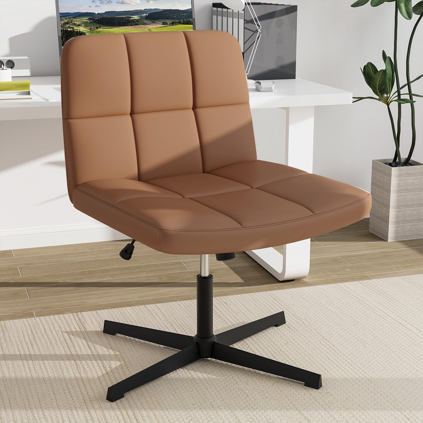 COSTWAY Silla Escritorio sin Brazos, Tapizada de Cuero de PU, Silla Oficina Inclinable y Altura Ajustable, Silla Tocador Estudio Dormitorio Oficina, 70 x 70 x 76-89 cm (marrón)