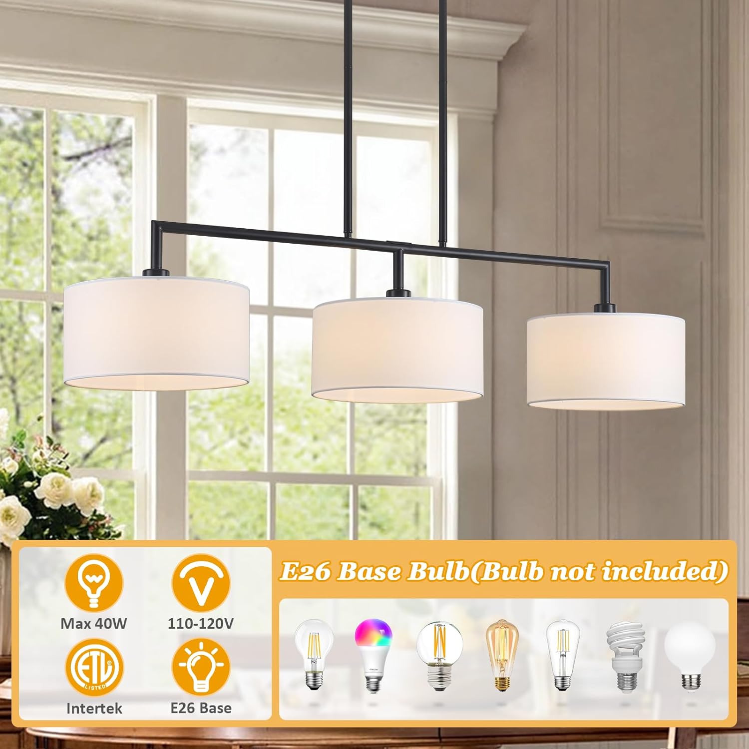 47 W Modern Linear Kitchen Island Pendant Light Fixture 3-Light White Linen Drum Shade Chandelier Black Metal Linear Chandeliers for Dining Room Farmhouse Hanging Light for Living Room, Bar, E26