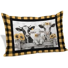 Farmhouse Cow Sheep Buffalo Plaid Throw Pillow Cover,Decorative Pillowcase with Hidden Zipper Rustic Sunflower Wood Fence Breathable Lumbar Pillow Cushion Case for Couch Sofa Bed Home,24"x36"